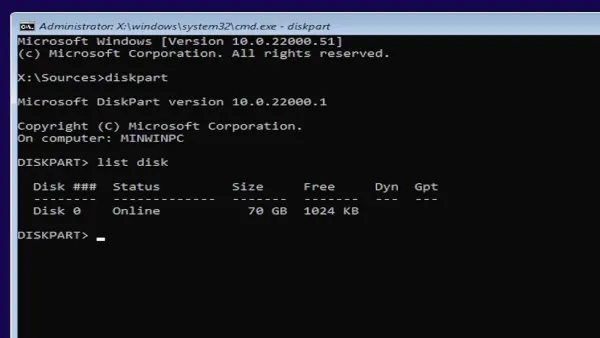 Selecting Disk 0 in DiskPart