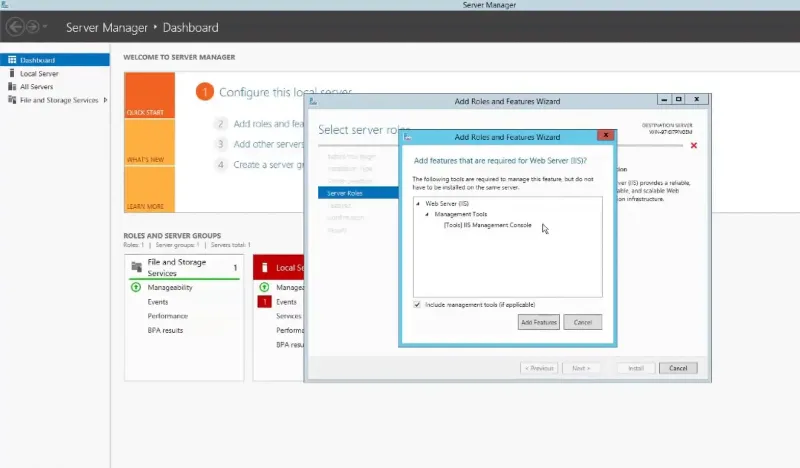 Server Manager showing IIS role installation