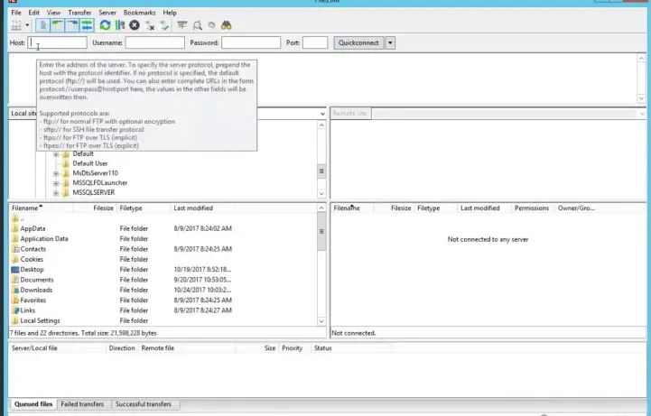 Testing FTP connection with FileZilla